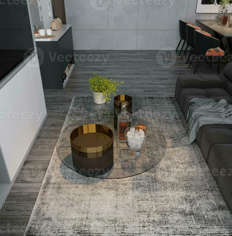 Innere Design von gemütlich Leben Zimmer mit stilvoll Sofa, Kaffee Tisch, dirigiert Blumen im Vase, spotten oben Poster, Teppich, Dekoration 3d Rendern foto