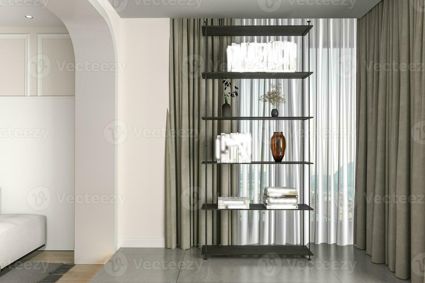 modern Zuhause Dekoration Stehen selbst Mauer selbst Design 3d Rendern foto