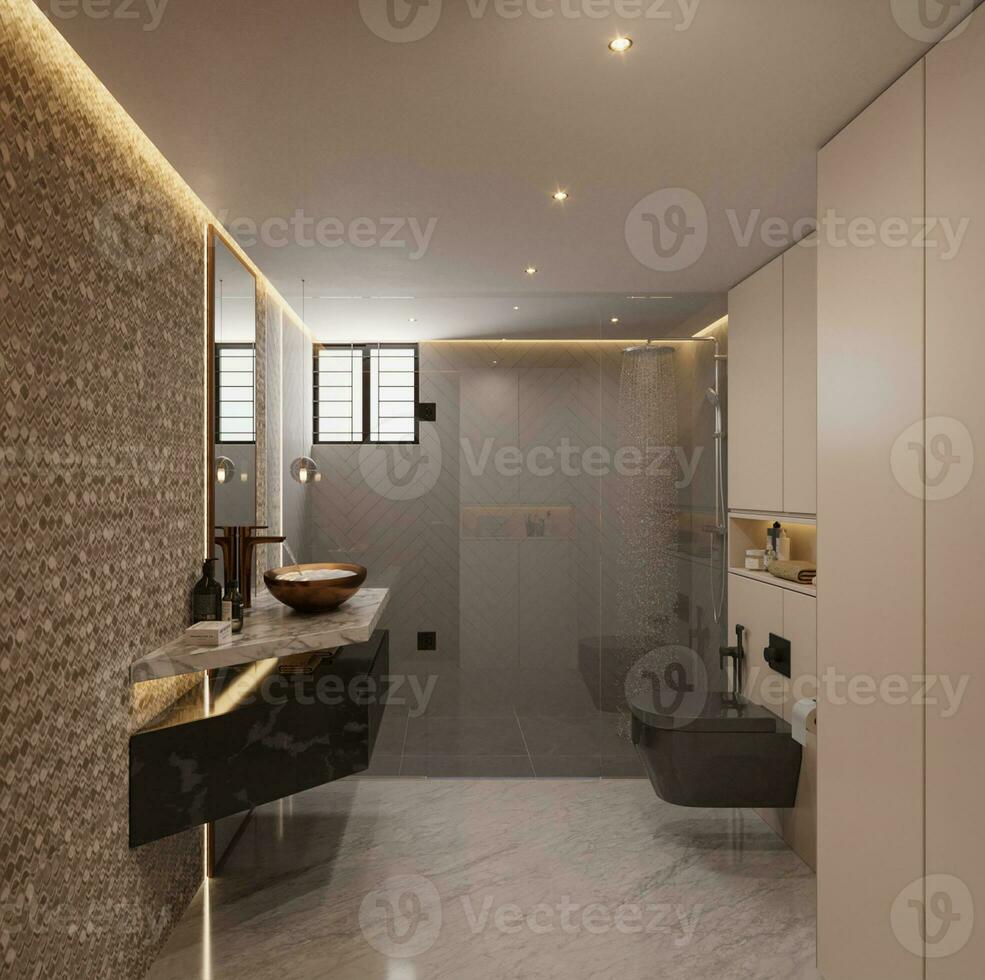 Luxus und Stil das perfekt Waschraum Innere Design 3d Rendern foto