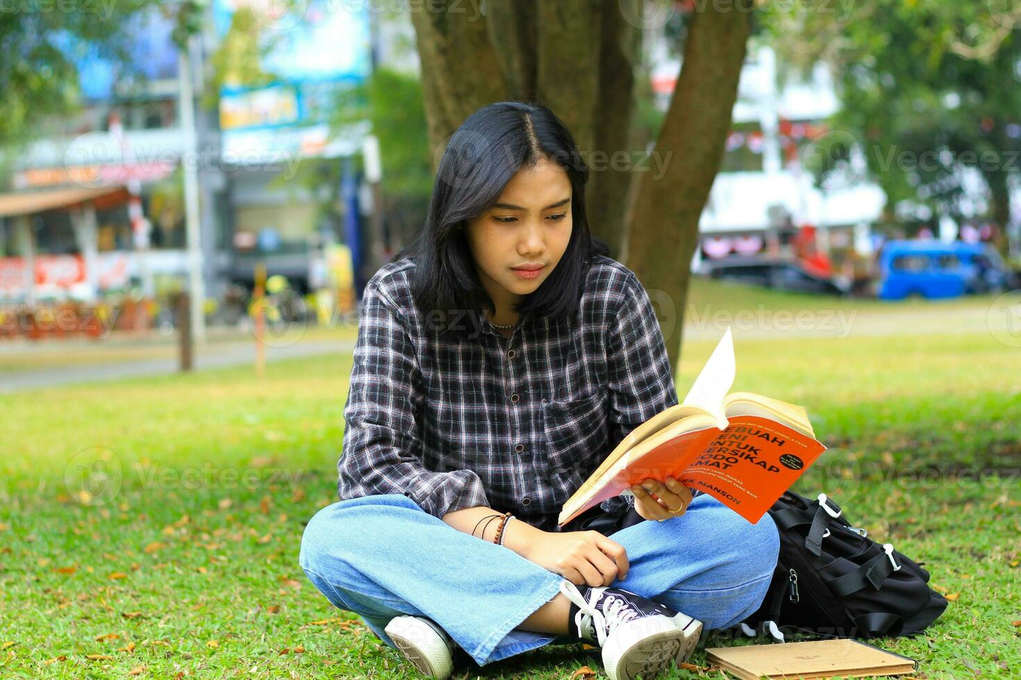 ernst asiatisch Frau Schüler lesen ein Buch denken und tun Forschung zum ihr Hausaufgaben foto