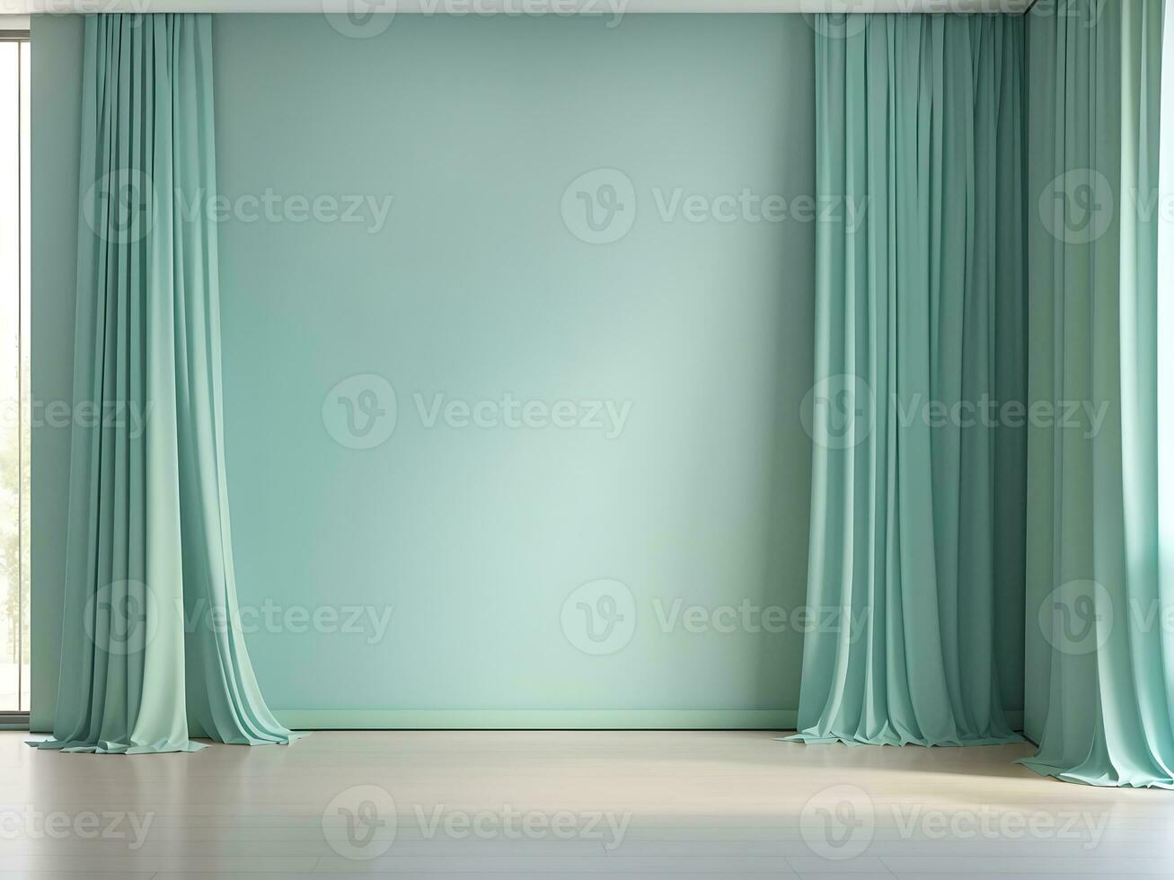 Pastell- Türkis Blau Grün leeren Mauer im Zimmer mit Seide Vorhang Vorhänge. spotten oben Vorlage zum Produkt Präsentation. Leben, Galerie, Studio, Büro Konzept. 3d Wiedergabe, generieren ai foto