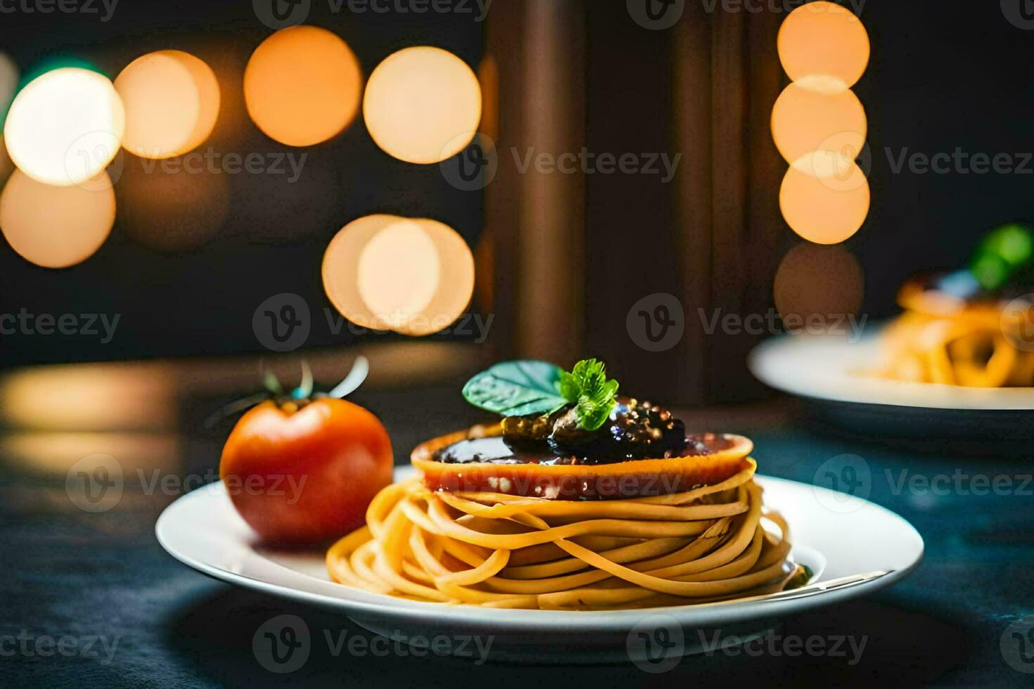 Spaghetti mit Tomate und Basilikum auf ein Platte. KI-generiert foto