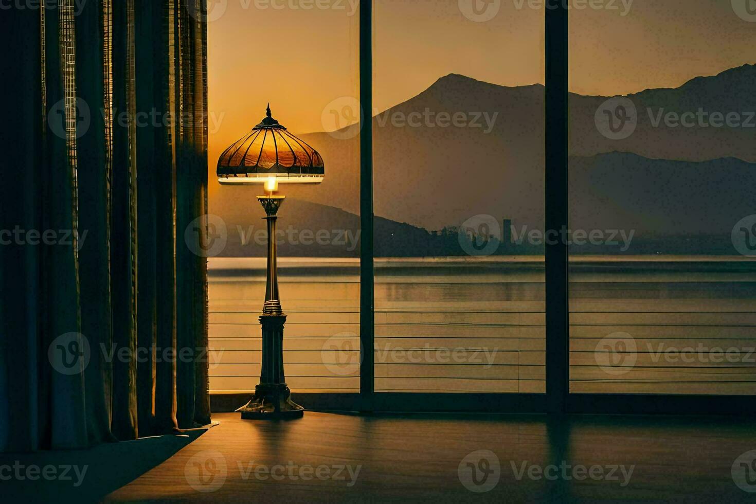 ein Lampe ist Sitzung im Vorderseite von ein Fenster mit ein Aussicht von das Berge. KI-generiert foto