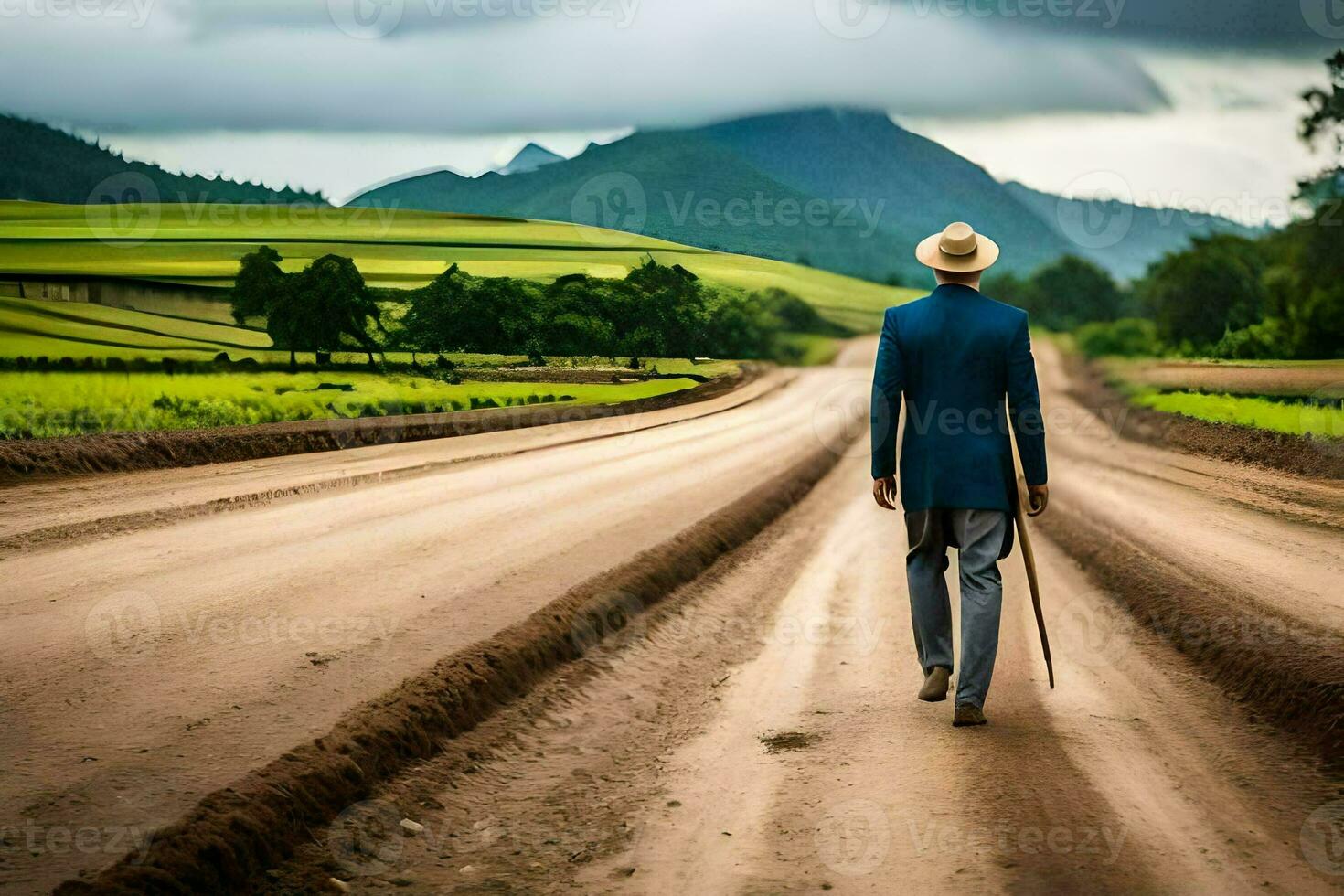 ein Mann im ein passen und Hut Spaziergänge Nieder ein Schmutz Straße. KI-generiert foto