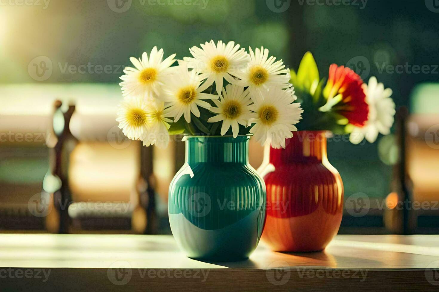 zwei bunt Vasen mit Gänseblümchen auf ein Tisch. KI-generiert foto