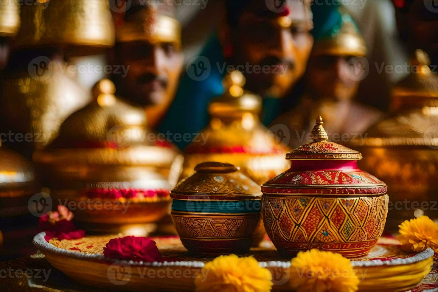 indisch Hochzeit Zeremonie mit Gold und rot Dekorationen. KI-generiert foto