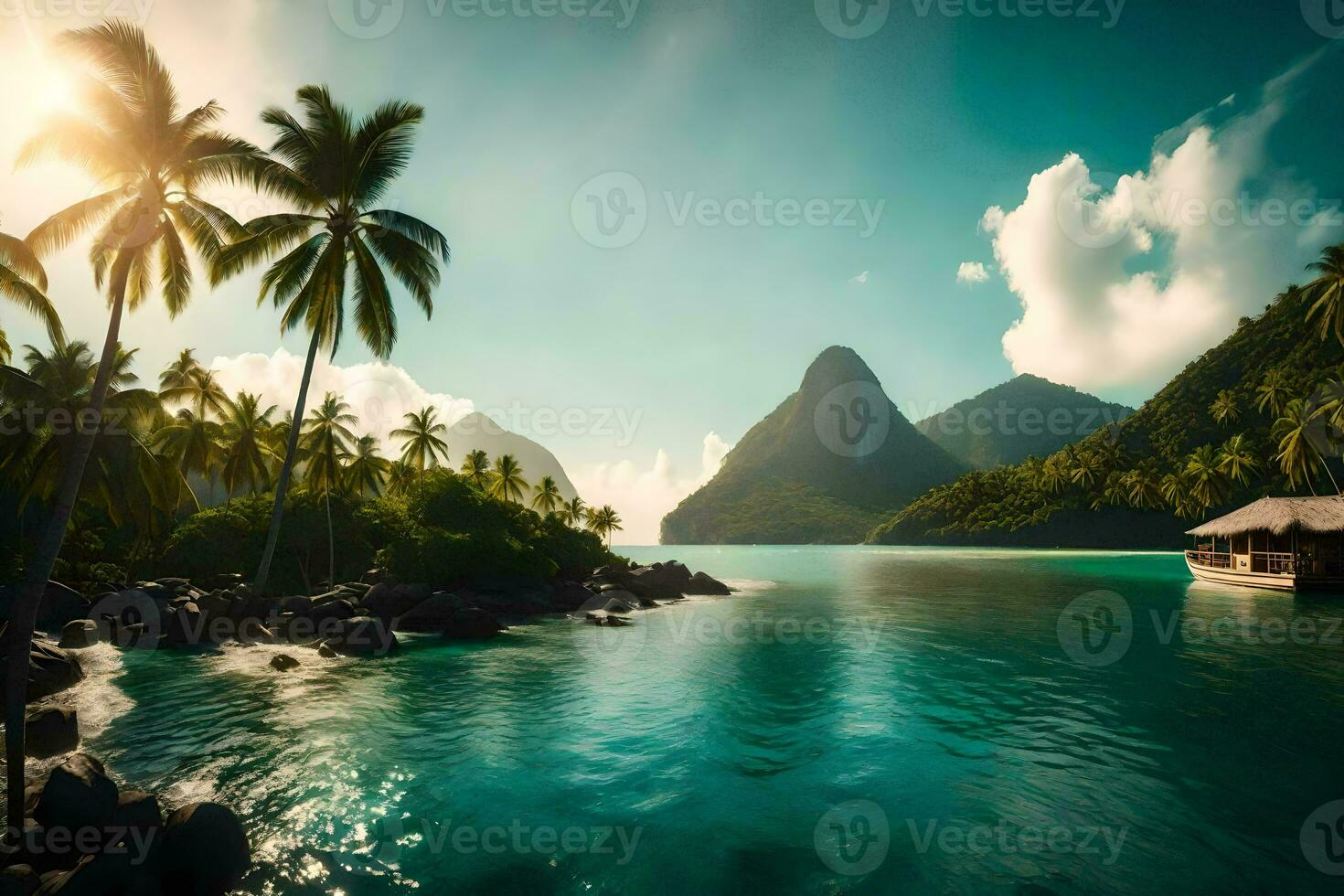 ein tropisch Insel mit Palme Bäume und ein Hütte. KI-generiert foto