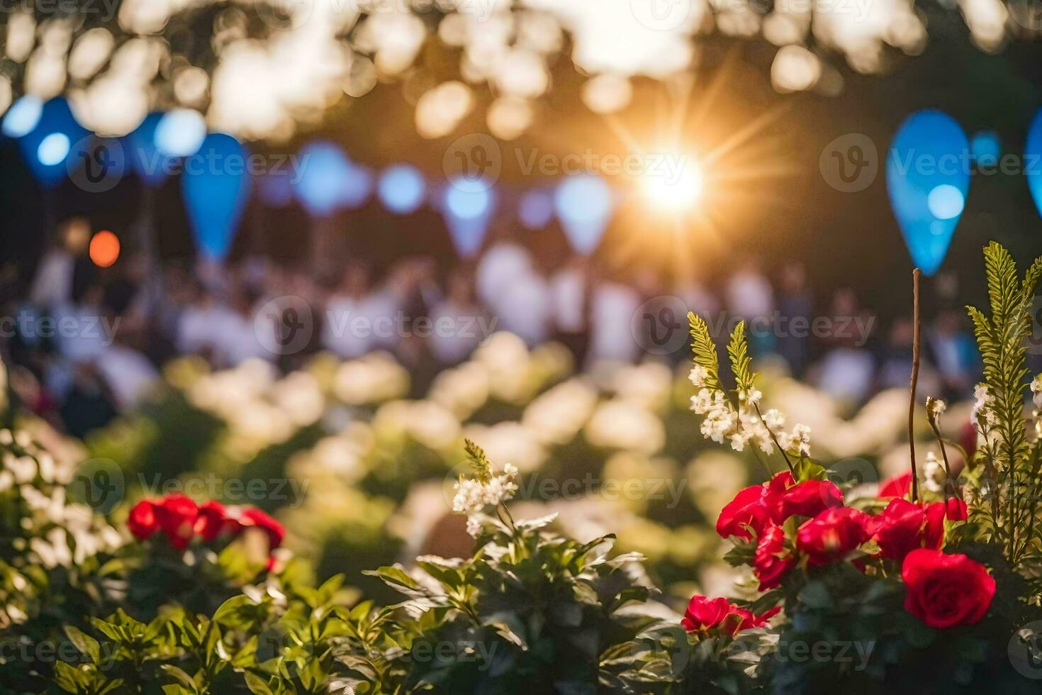 ein Gruppe von Menschen im das Hintergrund mit Blumen. KI-generiert foto