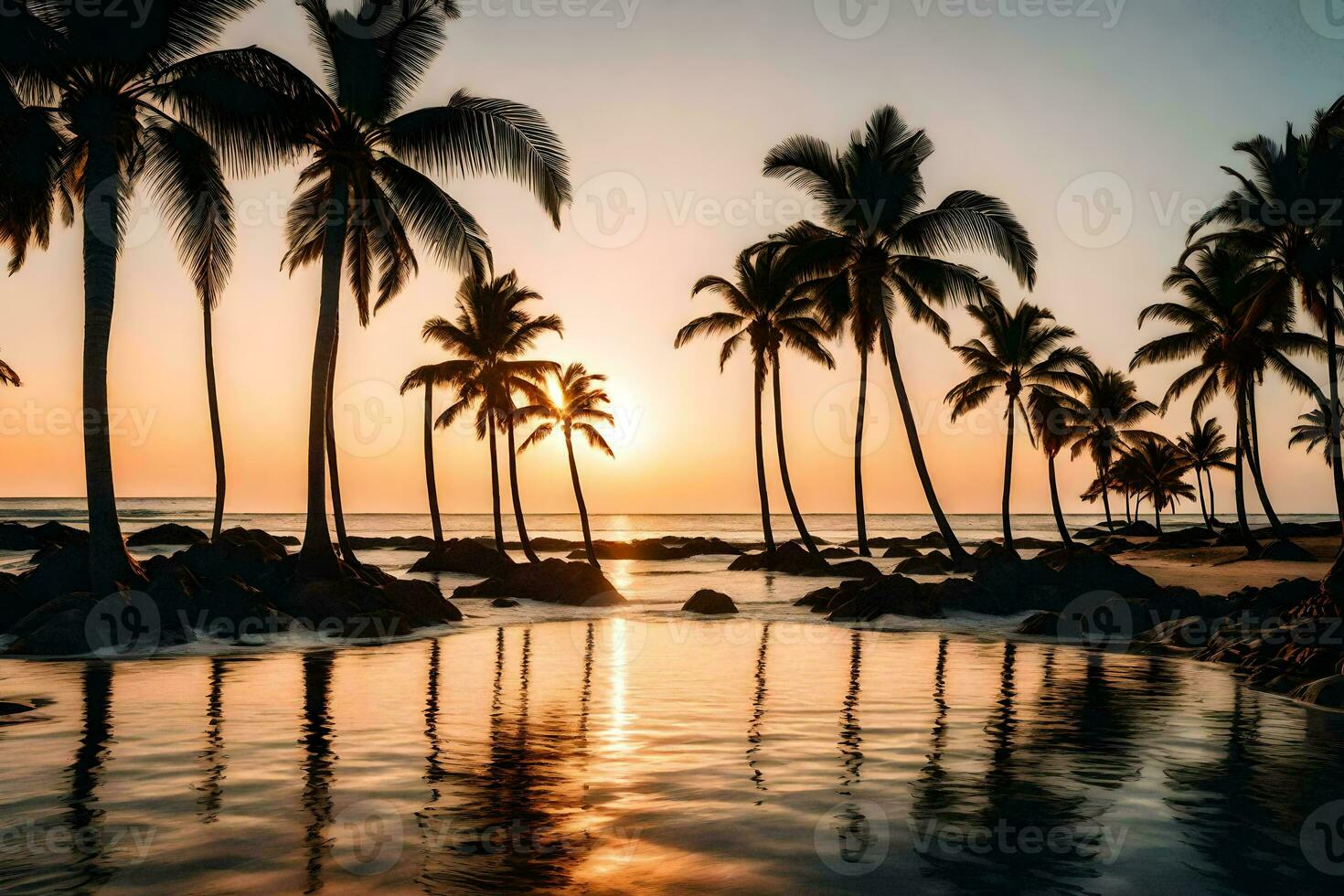 Palme Bäume im das Ozean beim Sonnenuntergang. KI-generiert foto