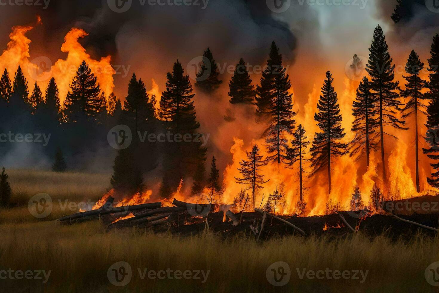 ein Feuer brennt im das Wald in der Nähe von ein Haus. KI-generiert foto