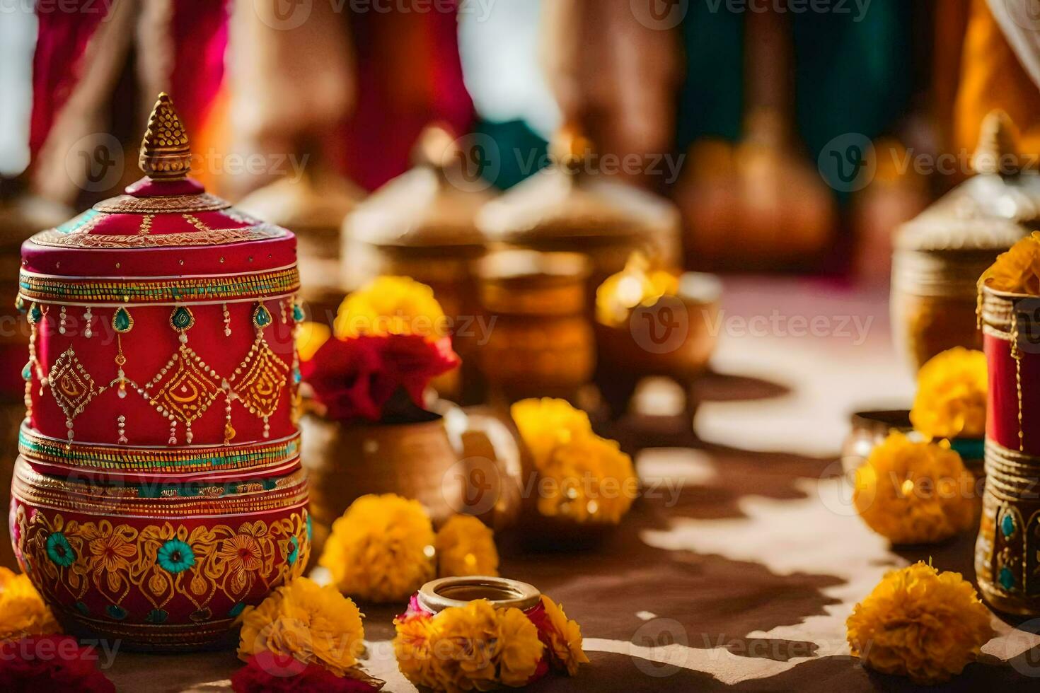 indisch Hochzeit Dekor mit bunt Töpfe und Blumen. KI-generiert foto