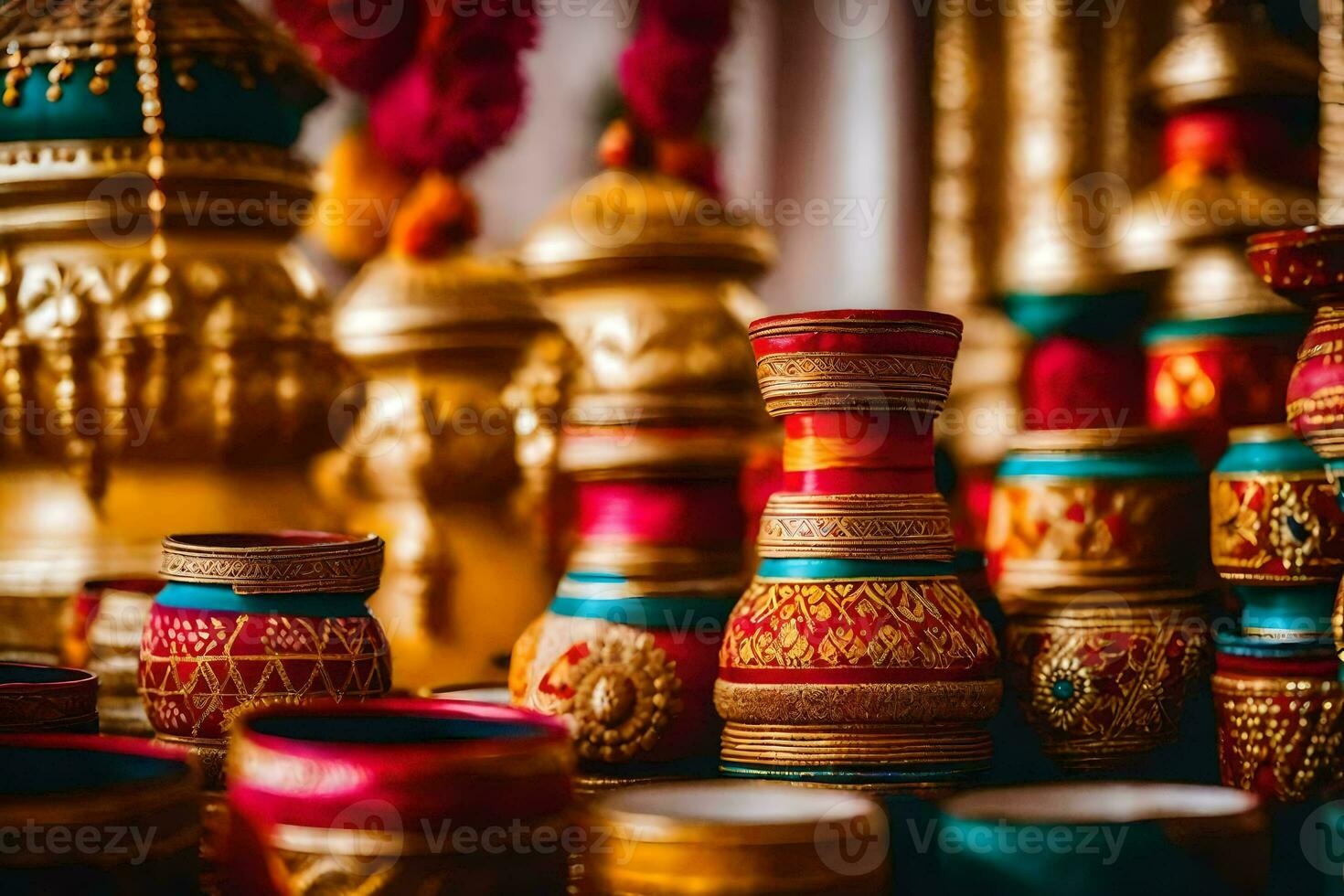 indisch Hochzeit Dekor beim das Hochzeit Veranstaltungsort. KI-generiert foto