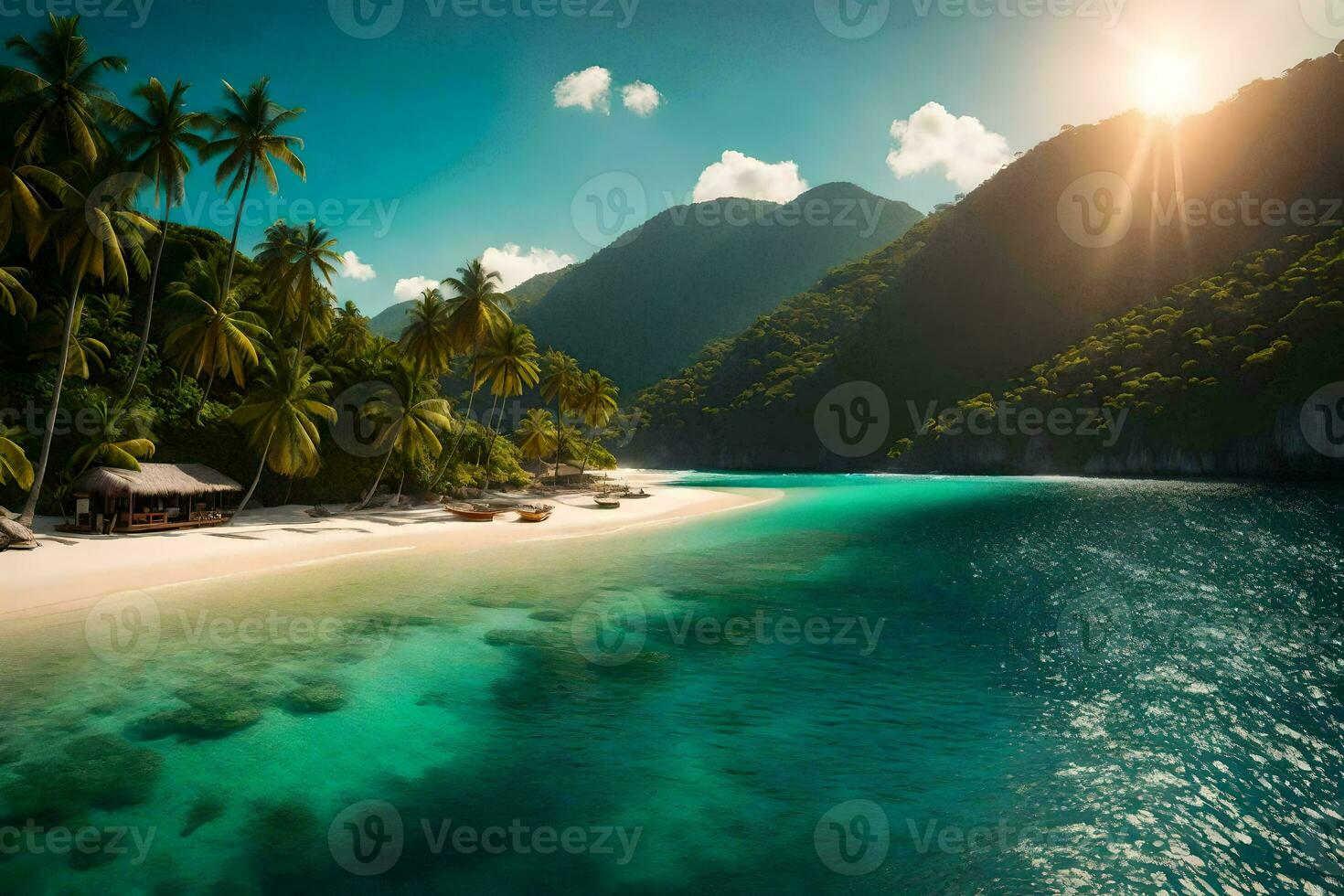 ein tropisch Strand mit Palme Bäume und ein Hütte auf das Ufer. KI-generiert foto