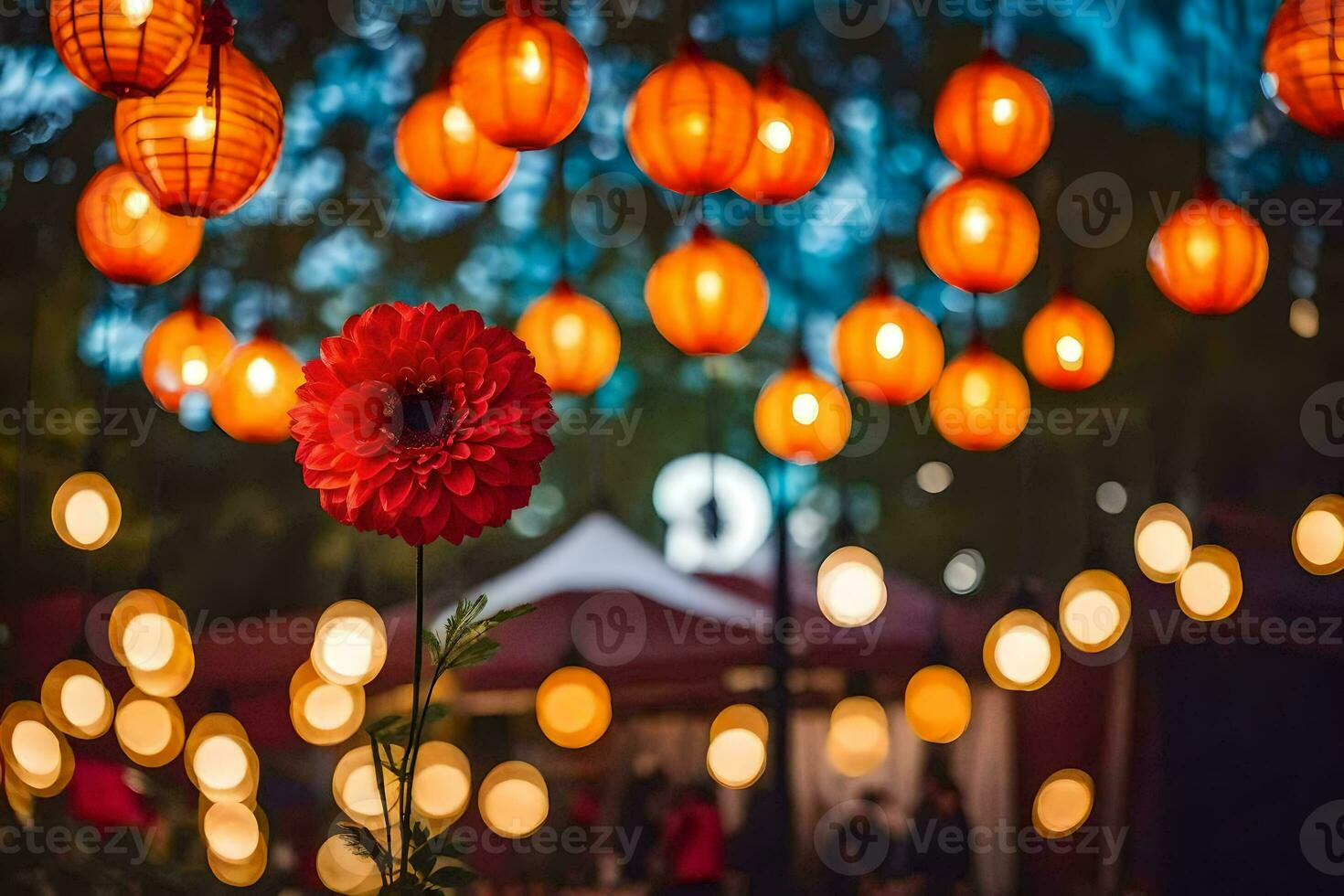 ein rot Blume ist im Vorderseite von ein Gruppe von Orange Laternen. KI-generiert foto