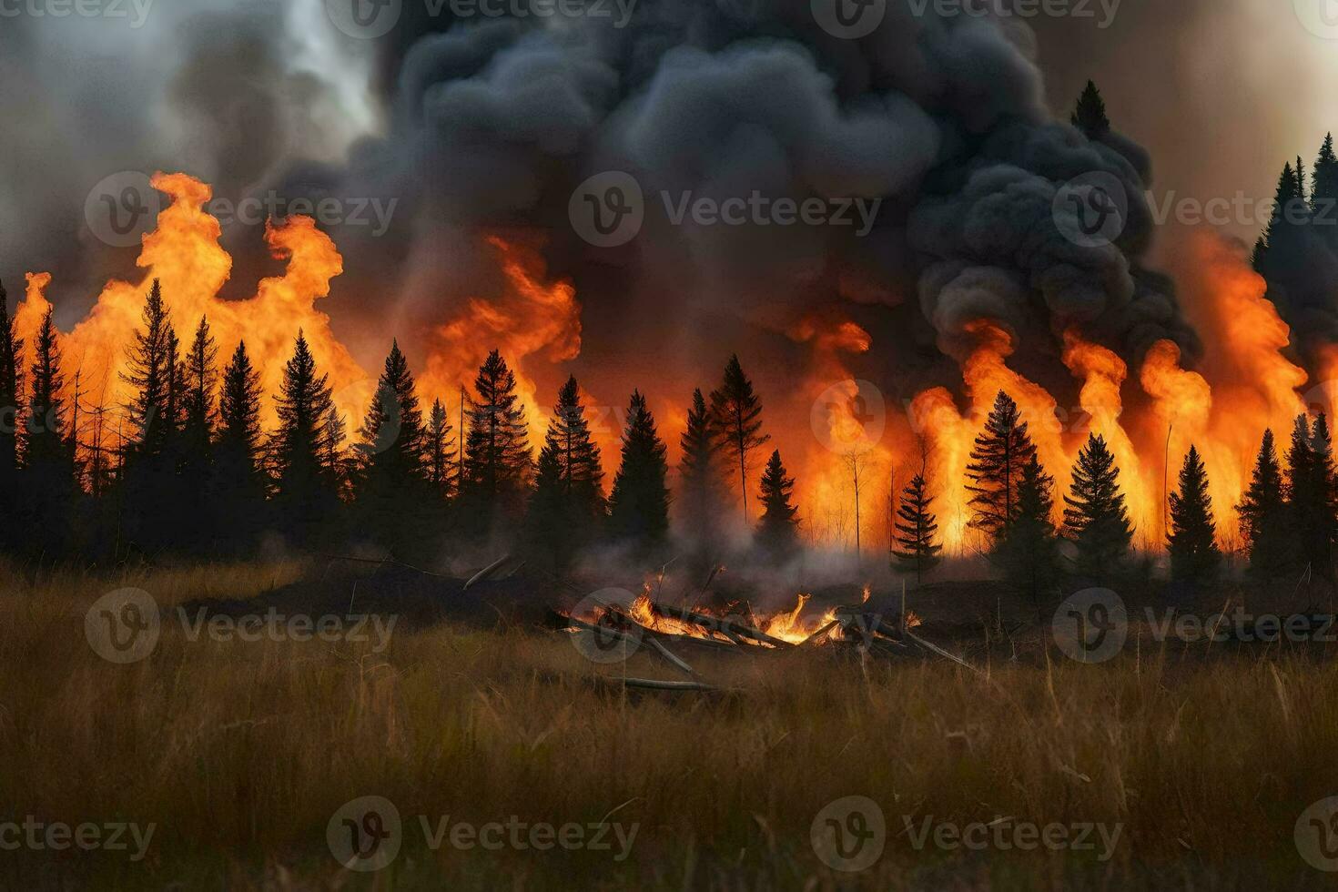 ein Wald Feuer ist Verbrennung im das Mitte von ein Feld. KI-generiert foto