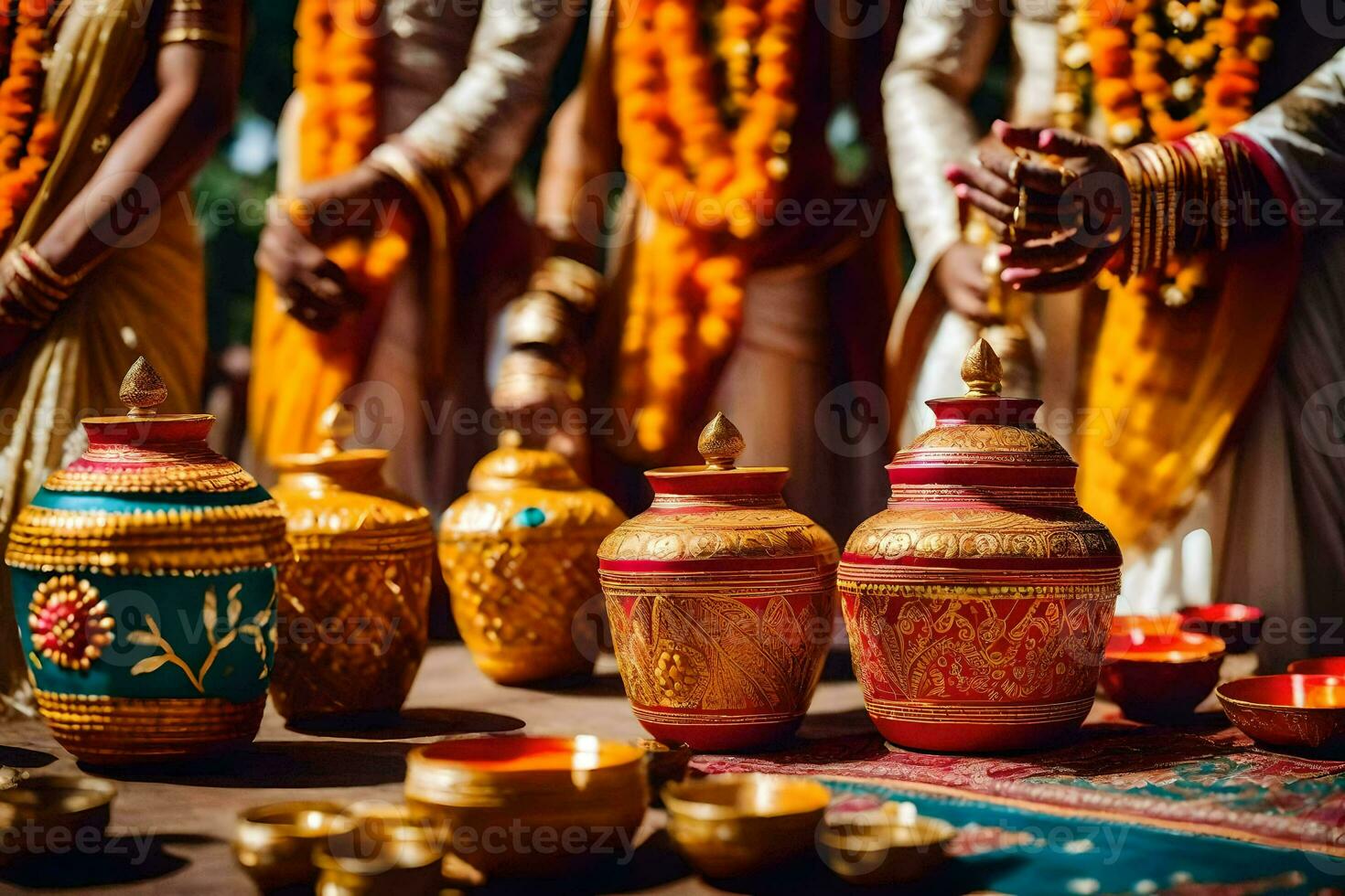 indisch Hochzeit Zeremonie mit Gold und rot Dekorationen. KI-generiert foto