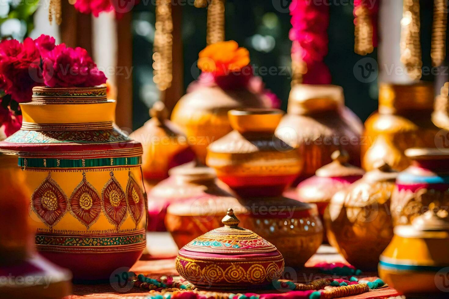 indisch Hochzeit Dekor mit bunt Töpfe und Blumen. KI-generiert foto