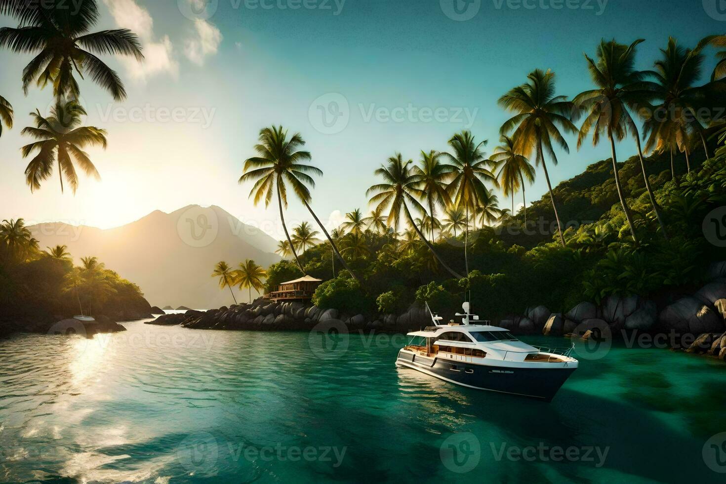 ein Boot im das Ozean in der Nähe von Palme Bäume. KI-generiert foto