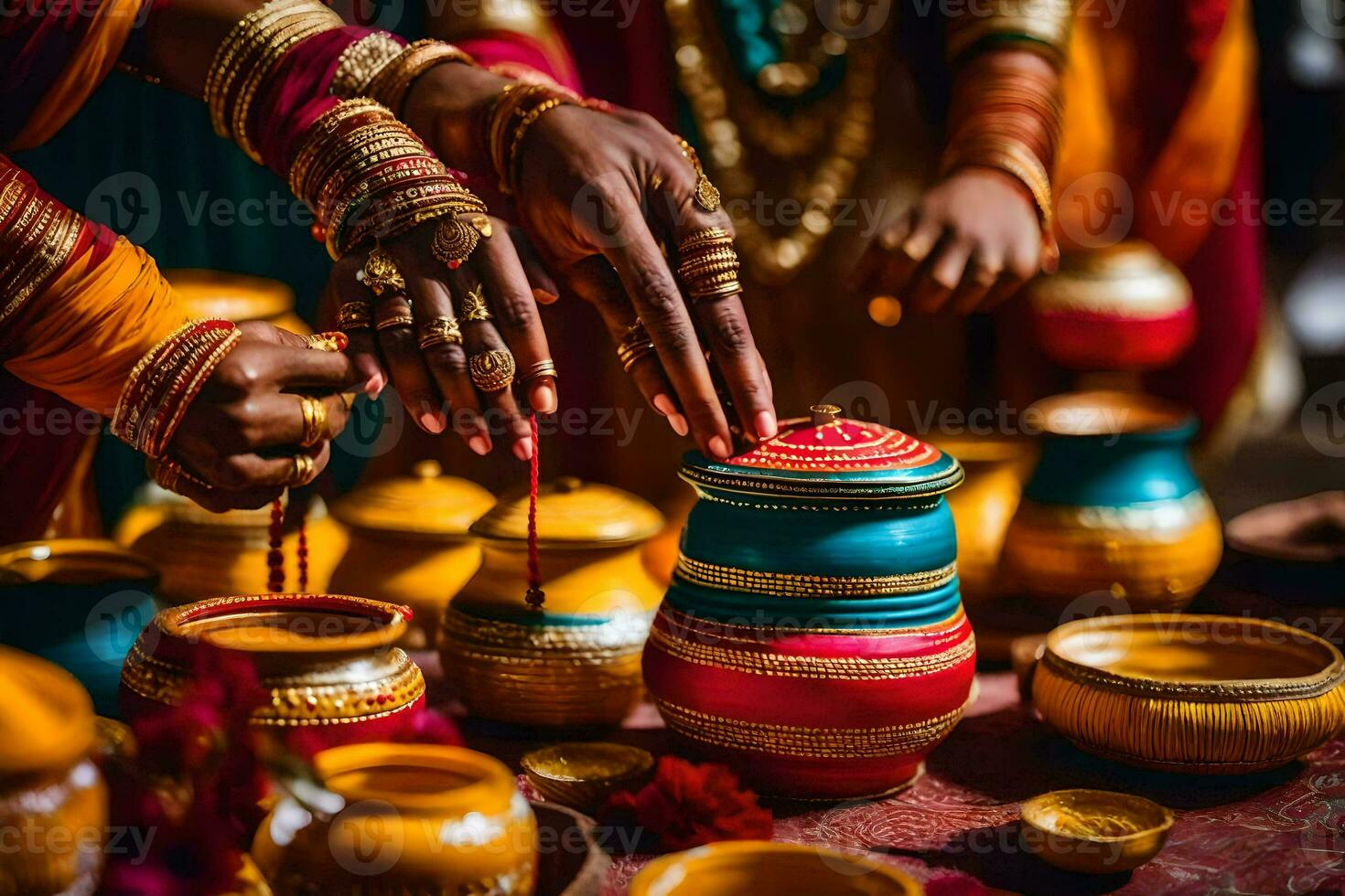 indisch Hochzeit Zeremonie mit bunt Töpfe. KI-generiert foto