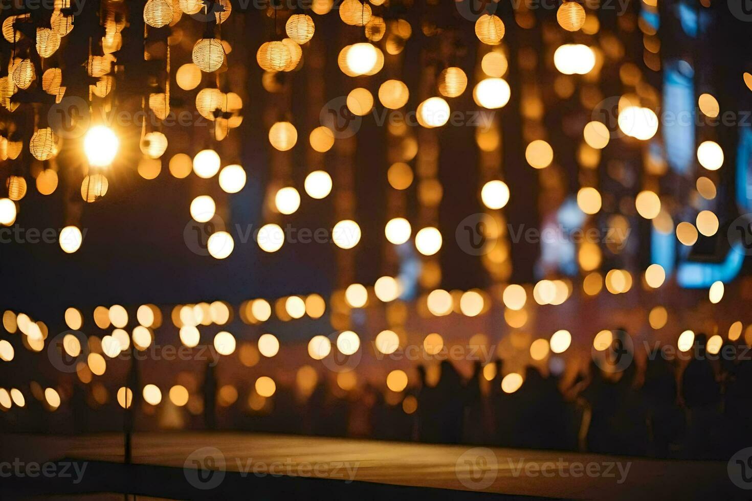 ein Bühne mit Beleuchtung und Menschen im das Hintergrund. KI-generiert foto