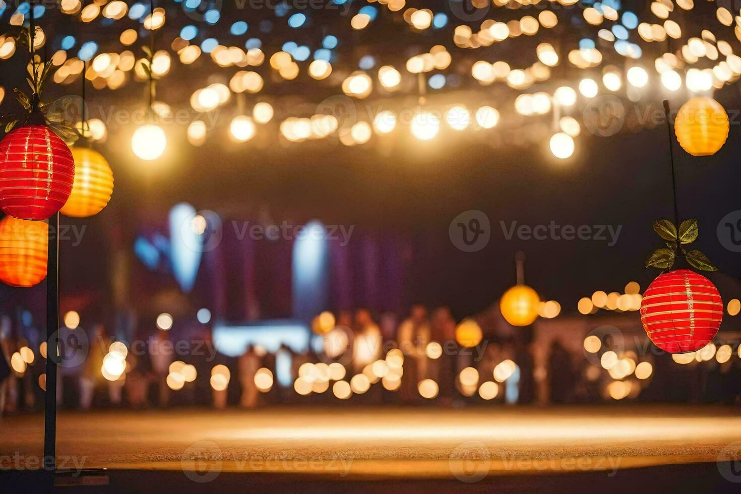 viele bunt Papier Laternen hängen von das Decke. KI-generiert foto