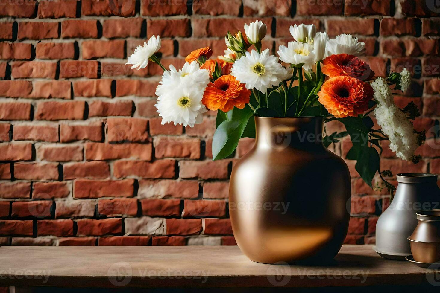 ein Vase mit Blumen auf ein Tabelle im Vorderseite von ein Backstein Mauer. KI-generiert foto