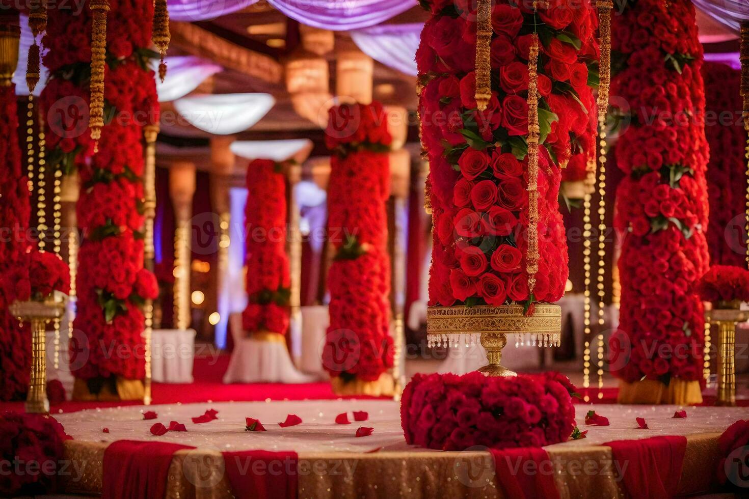 ein rot und Gold Hochzeit Rezeption mit hoch Säulen. KI-generiert foto
