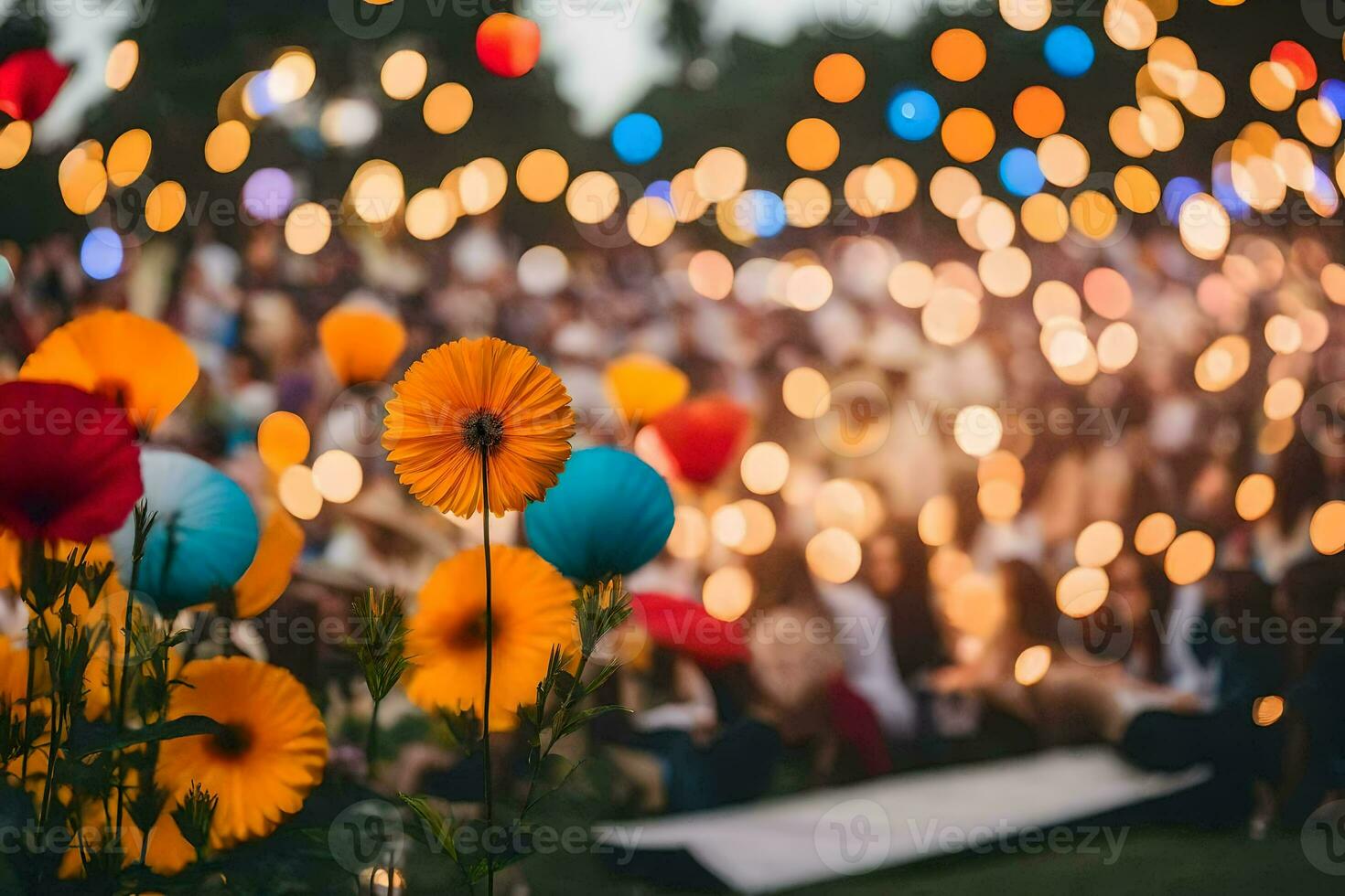 ein Menge von Menschen beim ein Party mit bunt Blumen. KI-generiert foto