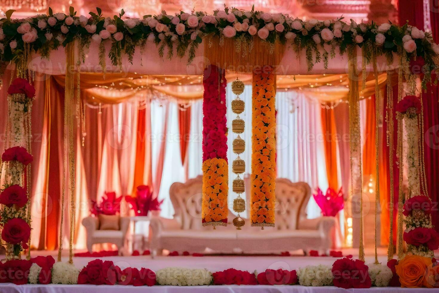 ein indisch Hochzeit Zeremonie mit rot und Orange Dekorationen. KI-generiert foto