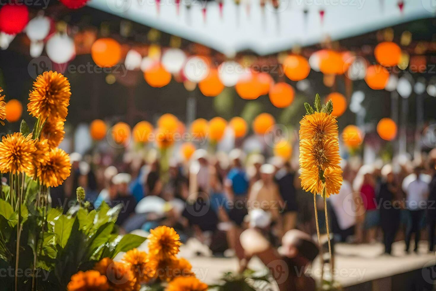 ein Gruppe von Menschen sind Stehen um ein Blume Garten. KI-generiert foto