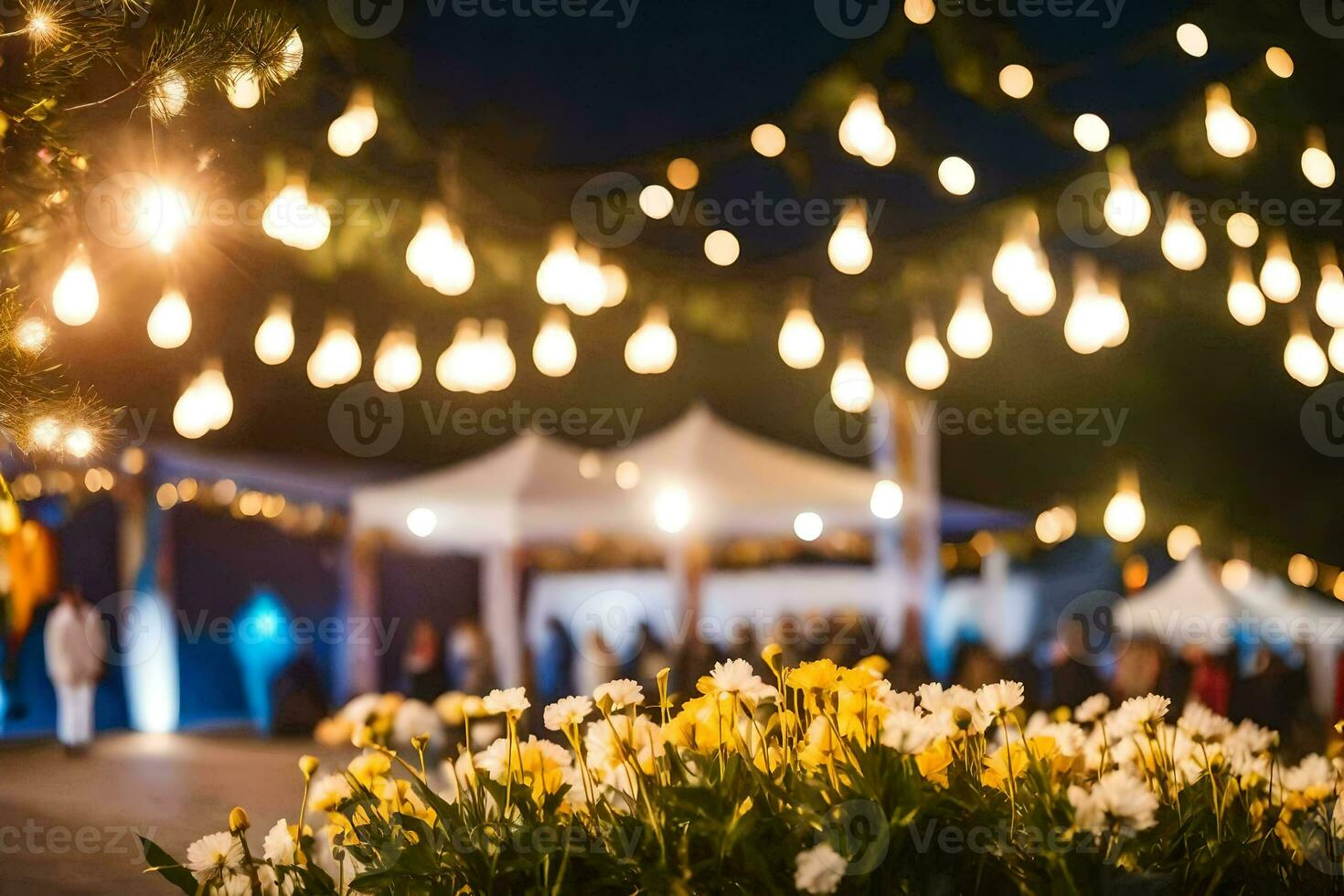 ein Gruppe von Blumen und Beleuchtung im ein Garten. KI-generiert foto