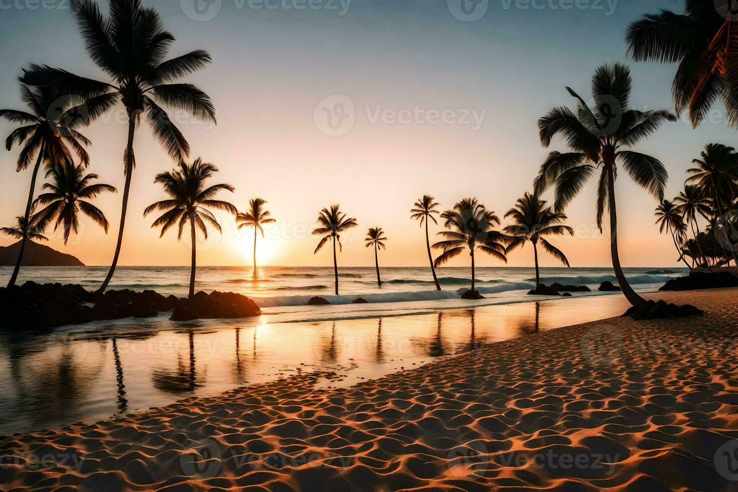 das Sonne setzt auf das Strand mit Palme Bäume und Wasser. KI-generiert foto