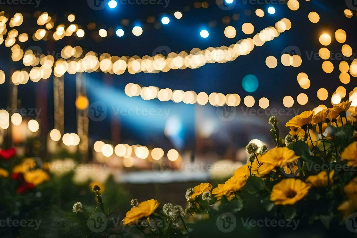Gelb Blumen und Beleuchtung im das Hintergrund. KI-generiert foto