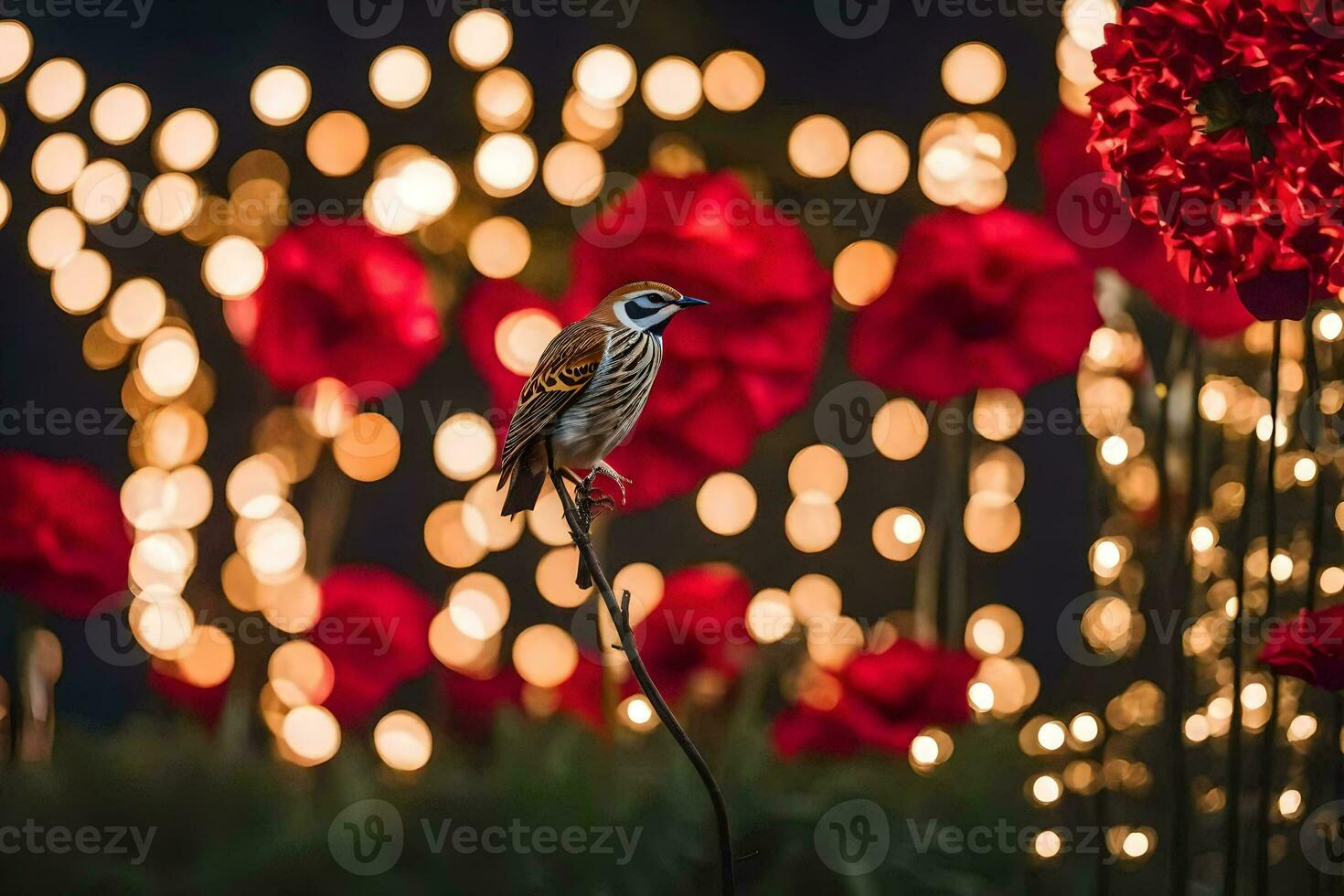 ein Vogel ist thront auf ein Ast im Vorderseite von ein Feld von rot Blumen. KI-generiert foto