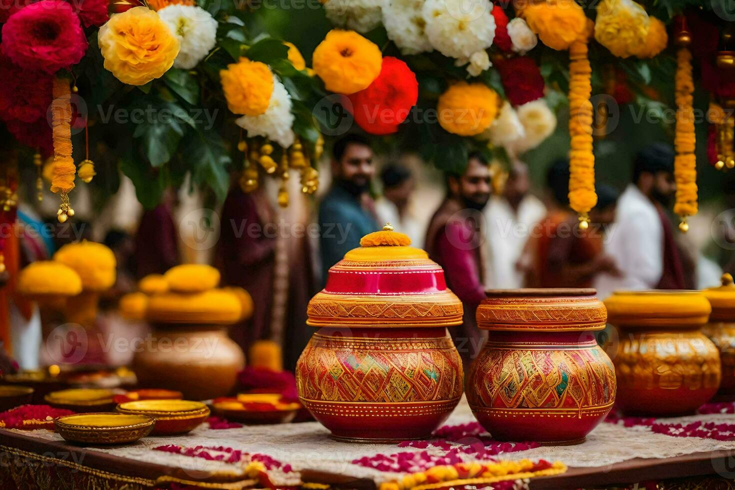 indisch Hochzeit Dekor mit bunt Töpfe und Blumen. KI-generiert foto