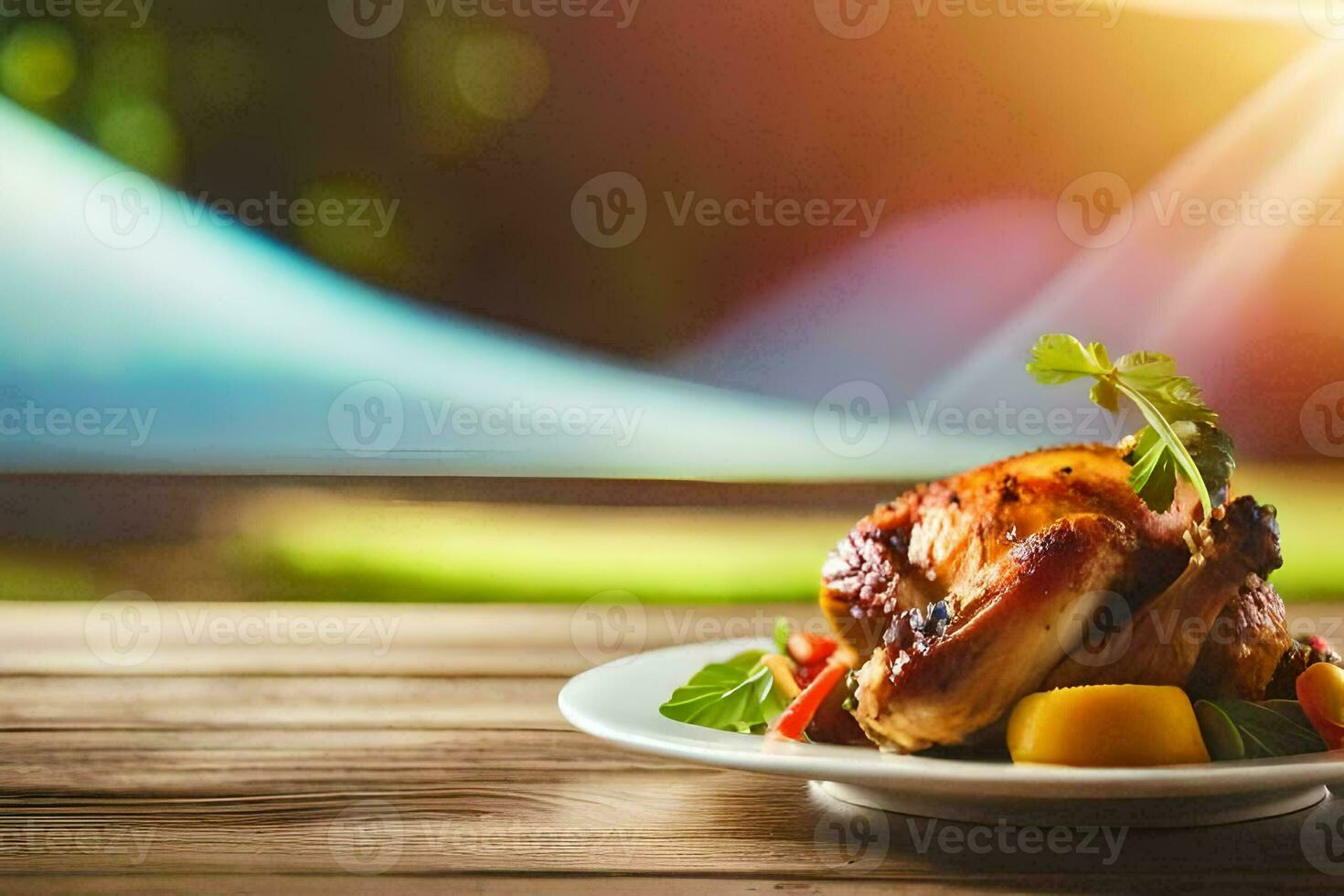 ein Teller von Hähnchen und Gemüse auf ein Tisch. KI-generiert foto