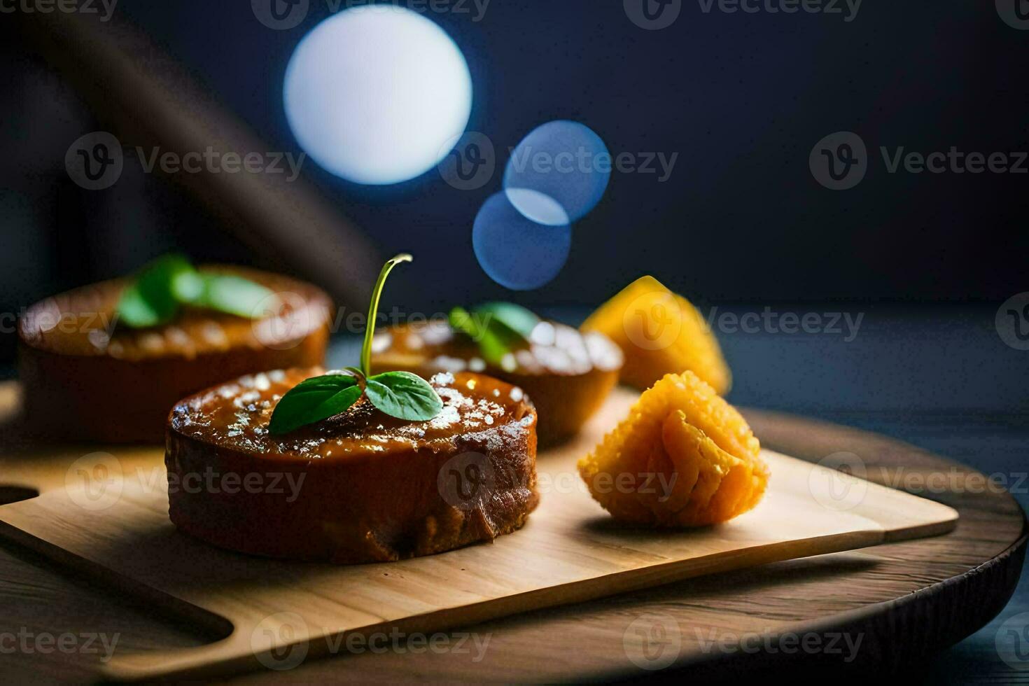 drei klein Kuchen auf ein hölzern Tafel. KI-generiert foto