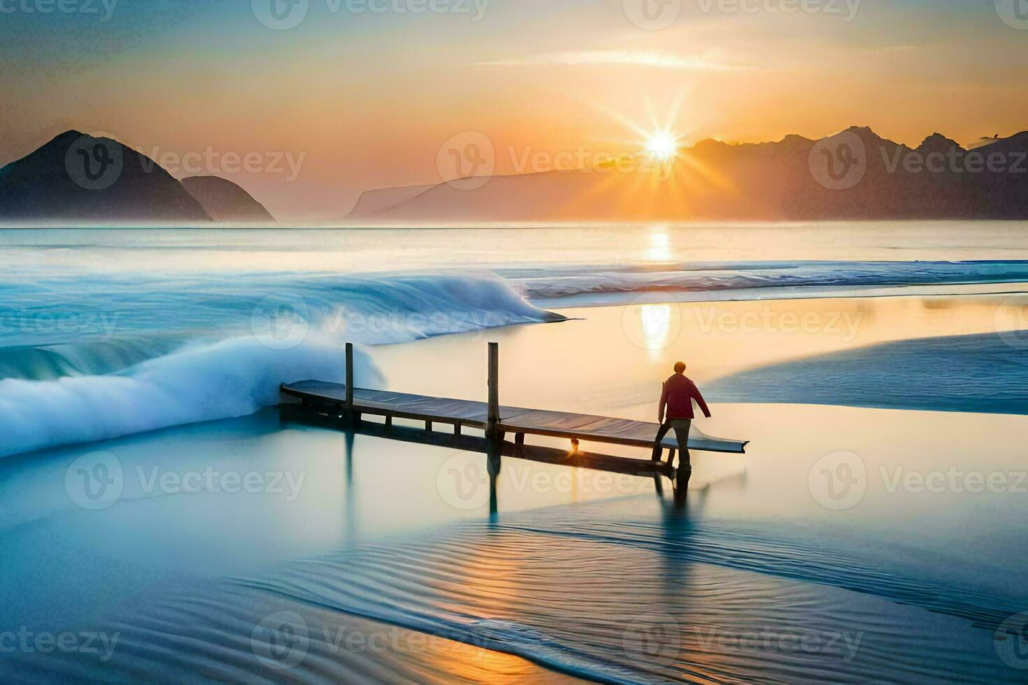 ein Mann Stehen auf ein Dock beim Sonnenuntergang. KI-generiert foto