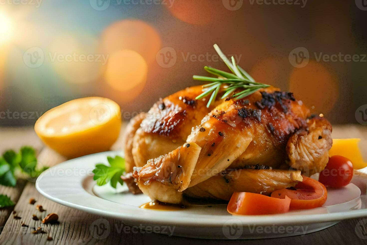 ein Hähnchen auf ein Teller mit Tomaten und Zitrone. KI-generiert foto