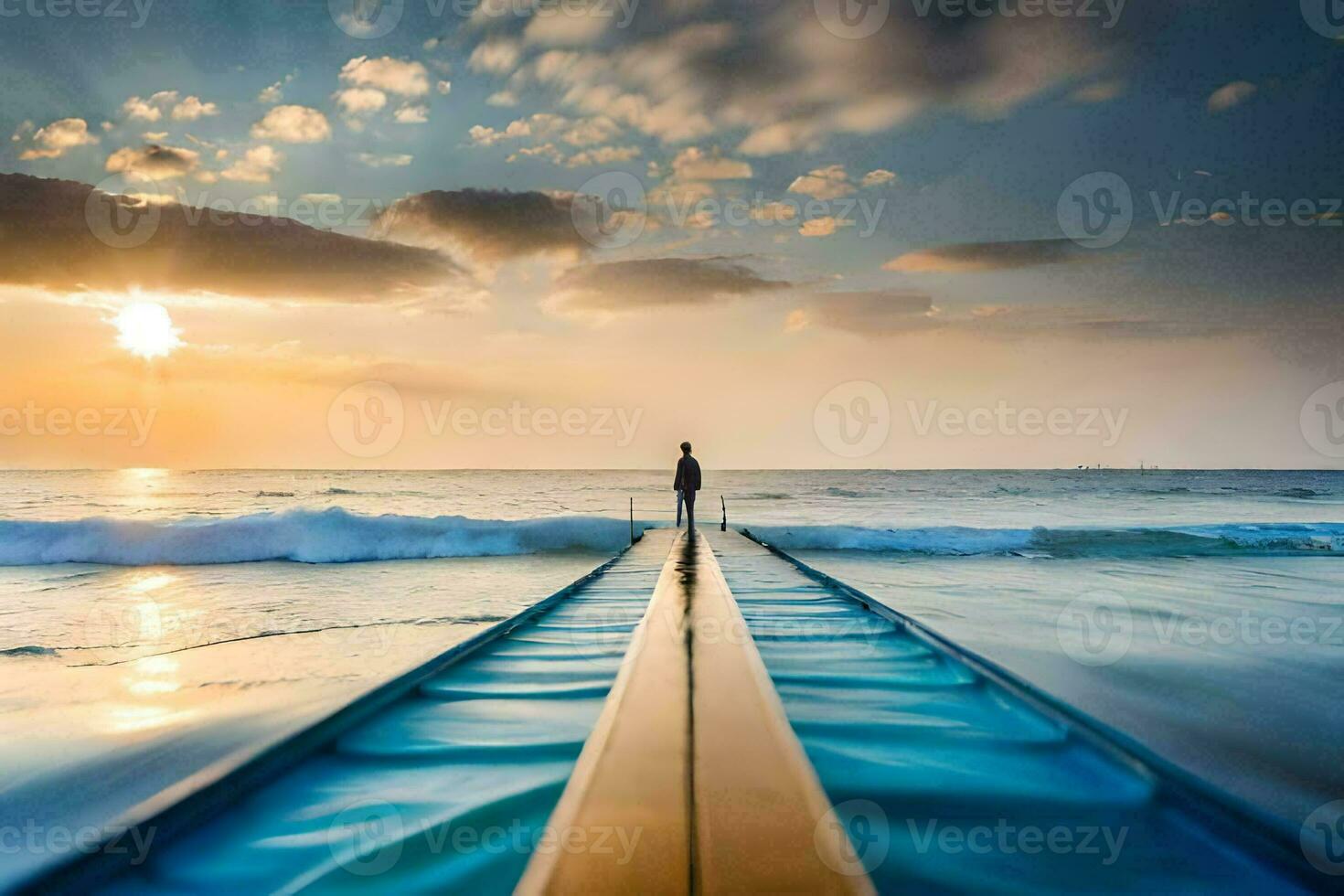 ein Mann Stehen auf ein hölzern Seebrücke suchen aus beim das Ozean. KI-generiert foto
