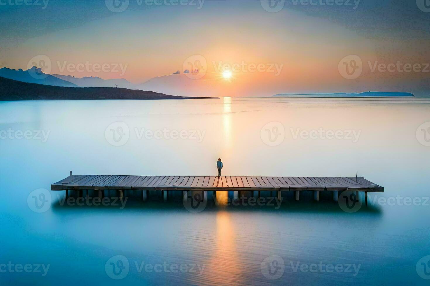 ein Mann Stehen auf ein Seebrücke suchen beim das Sonne. KI-generiert foto