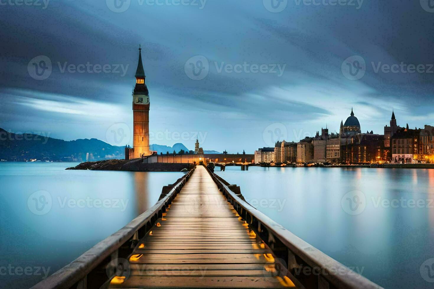 Foto Hintergrund das Himmel, Wasser, Stadt, See, Brücke, Stadt, See, Brücke,. KI-generiert