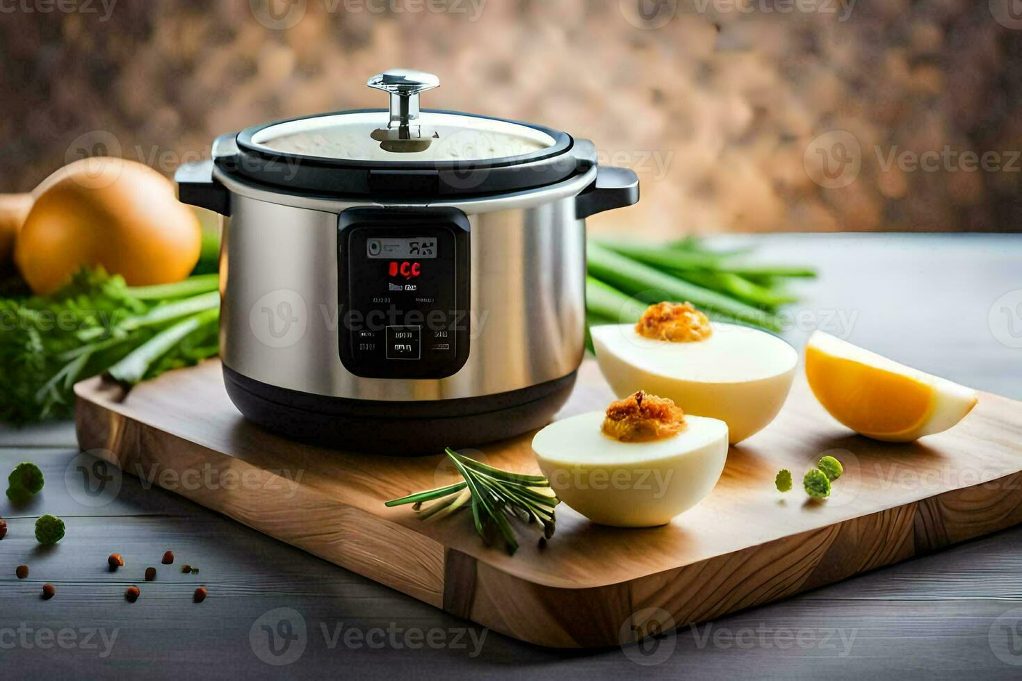 ein elektrisch Druck Kocher mit Eier und Gemüse. KI-generiert foto