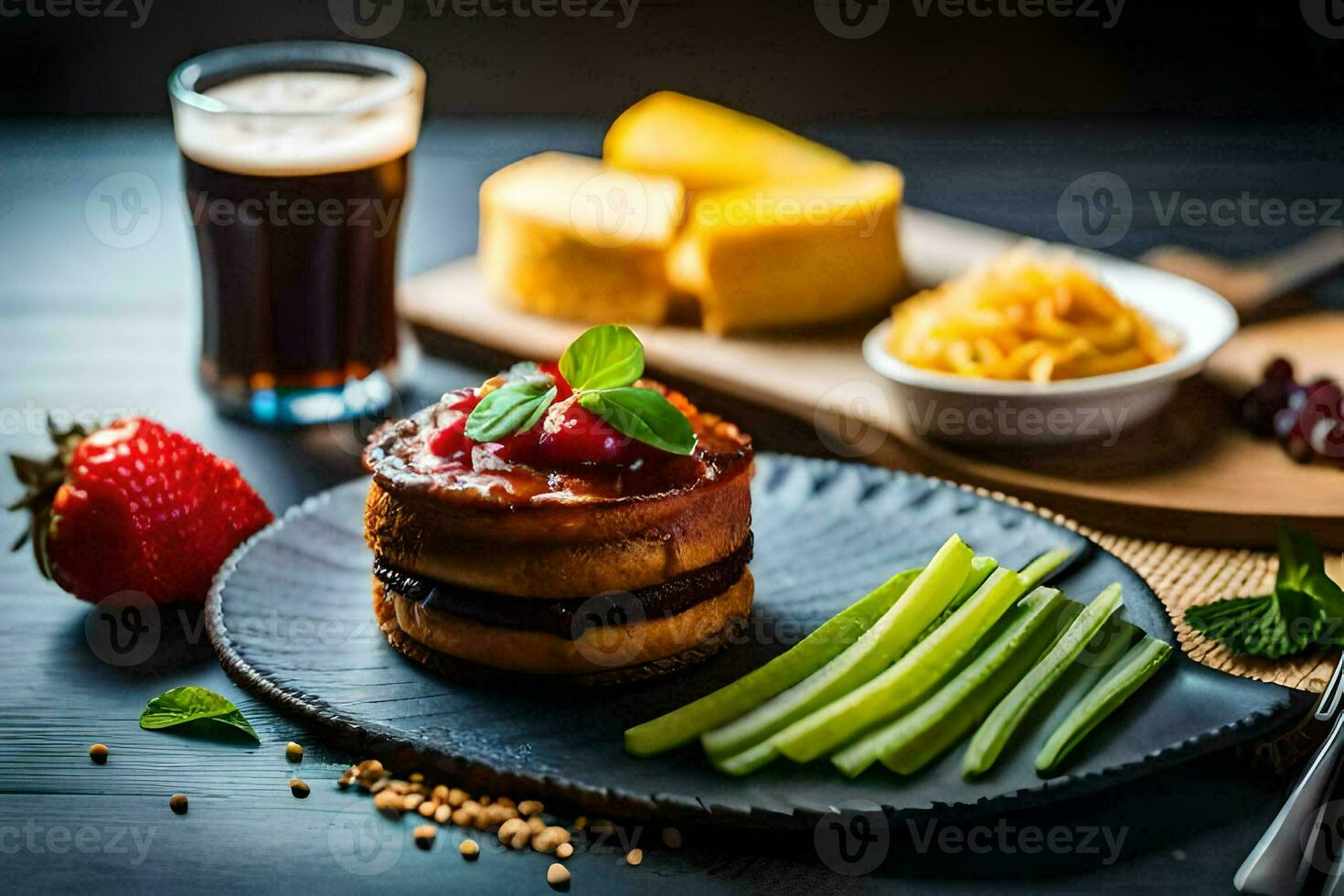 ein Teller mit ein Cheeseburger, Käse, und Erdbeeren. KI-generiert foto