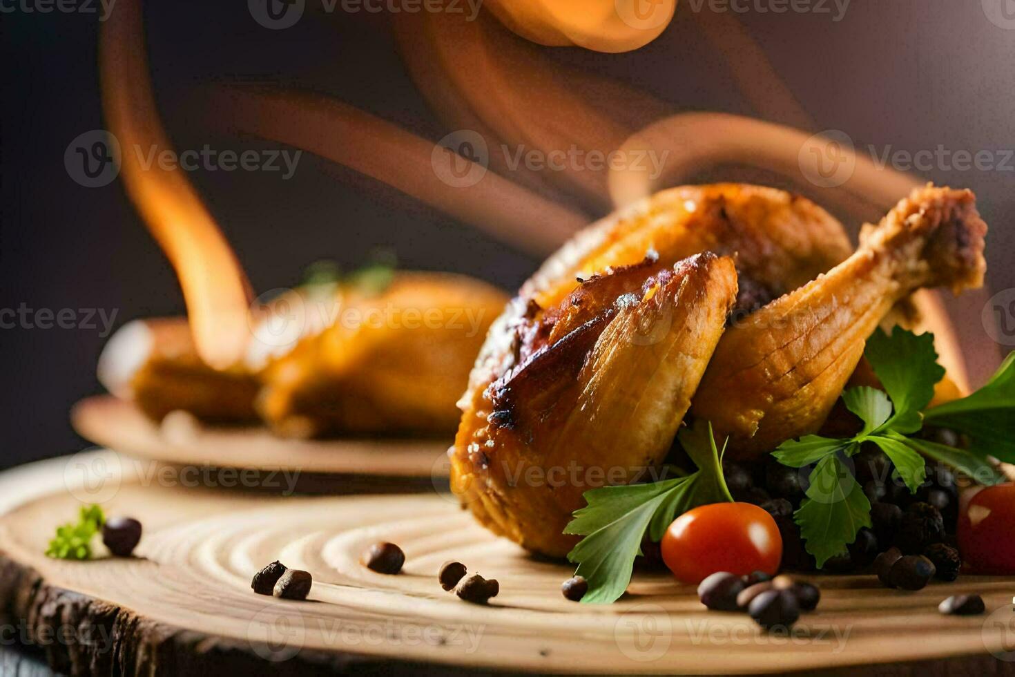 ein Hähnchen auf ein hölzern Schneiden Tafel mit Tomaten und Kräuter. KI-generiert foto