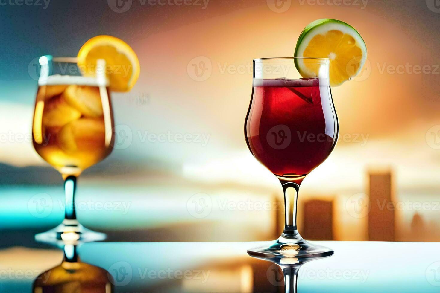 zwei Brille von alkoholisch Getränke mit ein Sonnenuntergang im das Hintergrund. KI-generiert foto