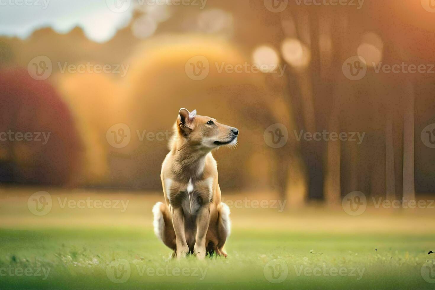 ein Hund Sitzung im das Gras suchen hoch. KI-generiert foto