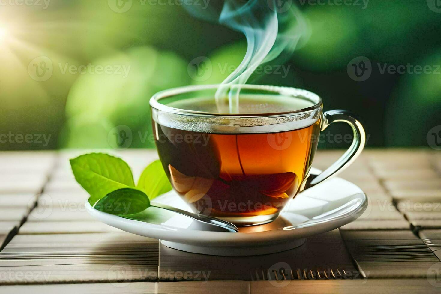 ein Tasse von Tee mit ein Blatt auf das Tisch. KI-generiert foto