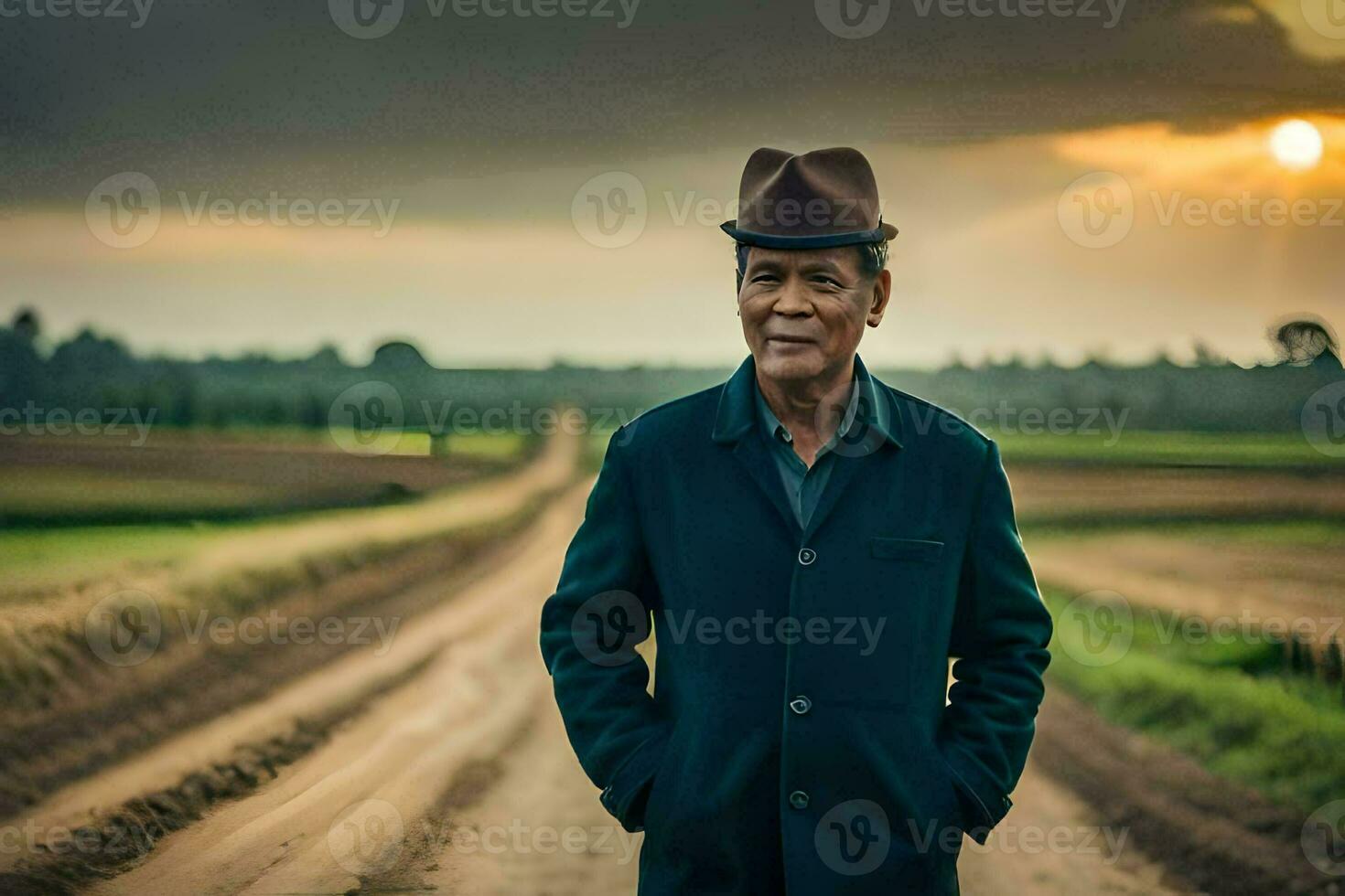 ein älter Mann tragen ein Hut und Mantel Stehen auf ein Schmutz Straße. KI-generiert foto