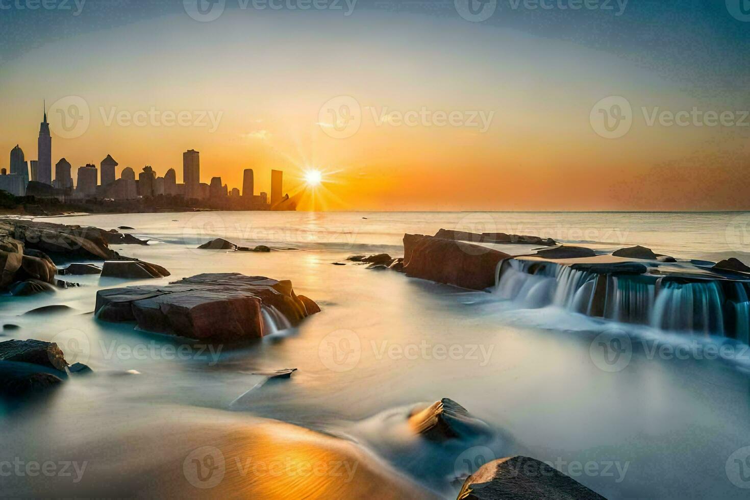 das Stadt Horizont ist gesehen im das Hintergrund wie das Sonne steigt an Über das Wasser. KI-generiert foto